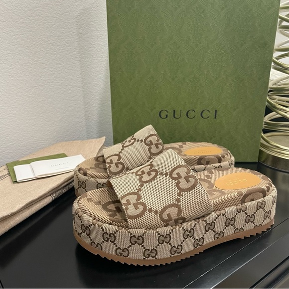 Gucci Beige Monogram Platform Sandals - Picture 1 of 8